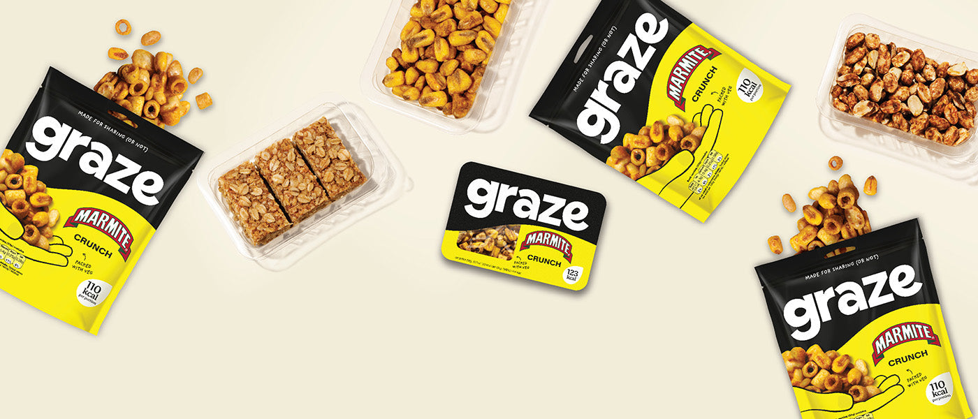 A selection of graze marmite oat boosts, crunch punnets and sharing bags