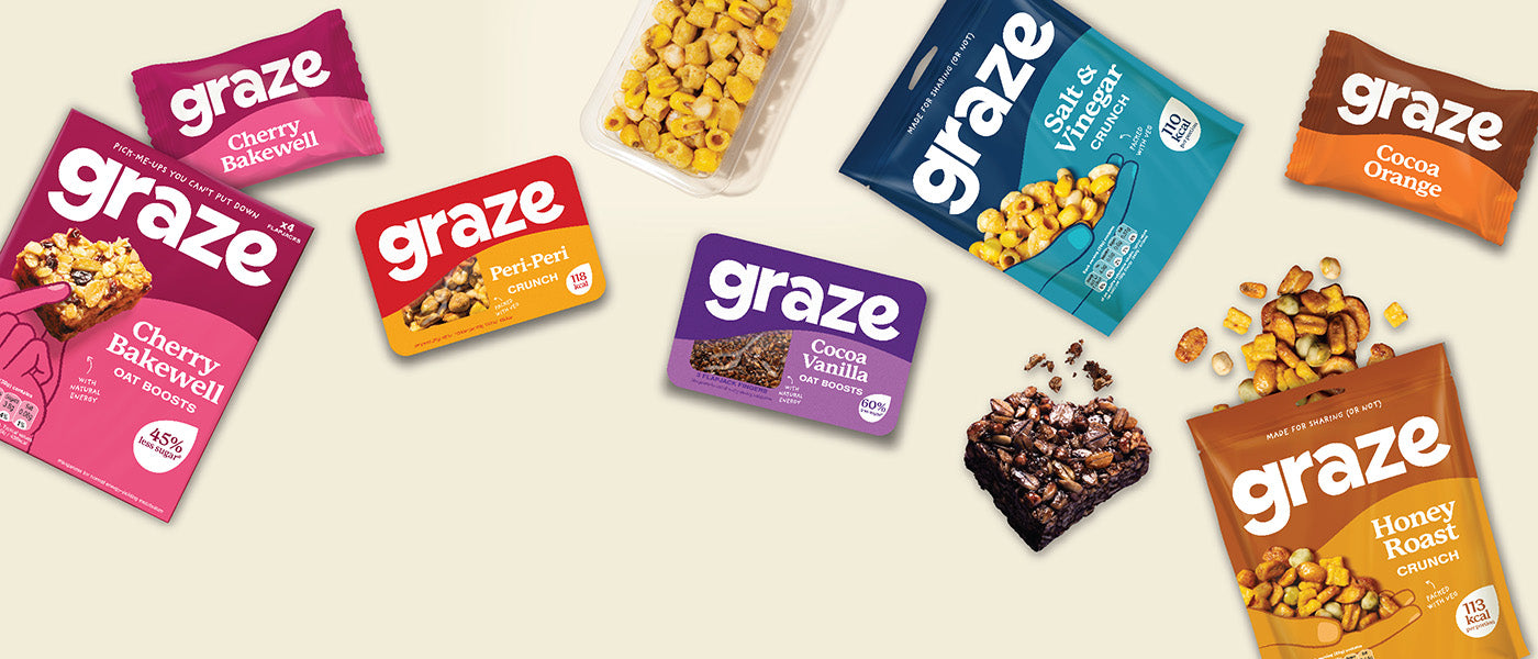 A selection of graze oat boosts, punnets and sharing bags