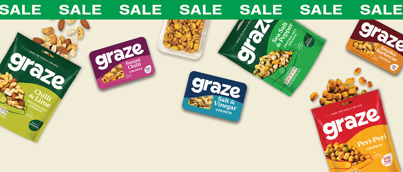 A selection of graze savoury punnets and sharing bags with a SALE ribbon