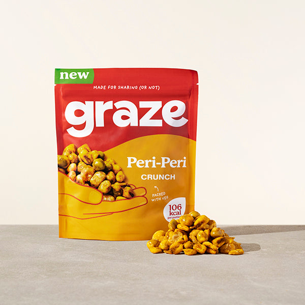 a sharing bag of graze peri peri crunch snack next to a small pile of the product