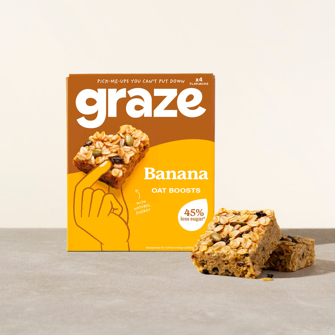 a branded package of 4 graze banana oat boosts