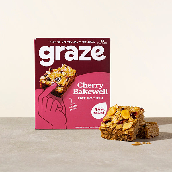 a branded package of 4 graze cherry bakewell oat boosts