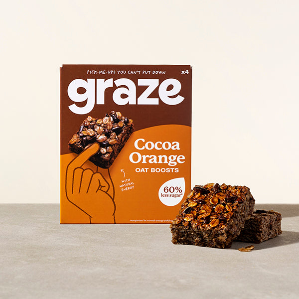 a branded package of 4 graze cocoa orange oat boosts