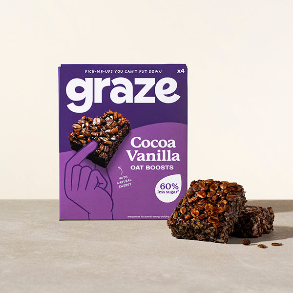 a branded package of 4 graze cocoa vanilla oat boosts
