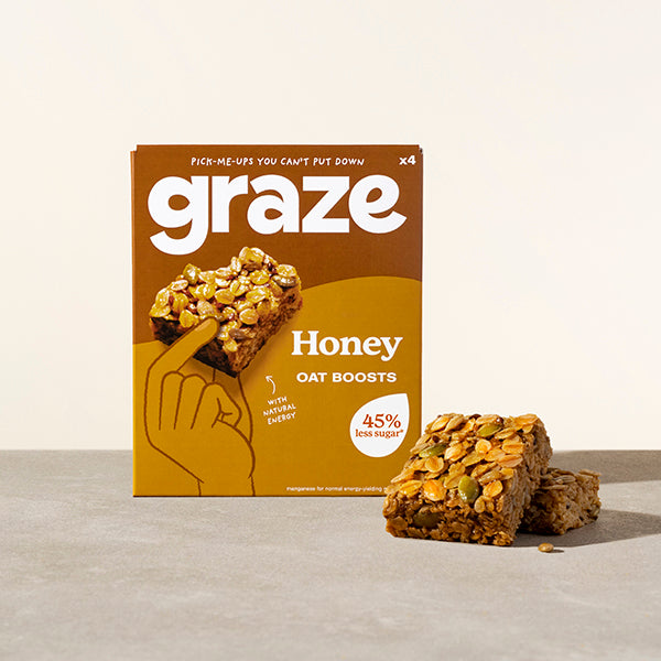 a branded package of 4 graze honey oat boosts