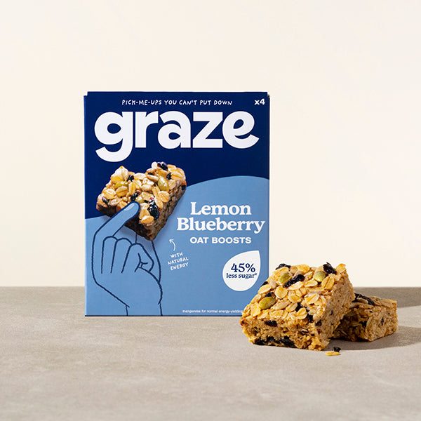 a branded package of 4 graze lemon blueberry oat boosts