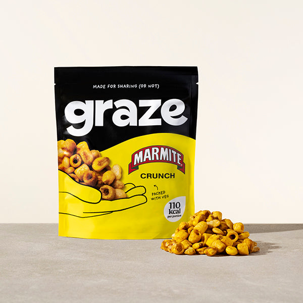 a sharing bag of graze marmite crunch snack next to a small pile of the product