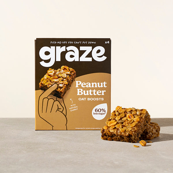 a branded package of 4 graze peanut butter oat boosts
