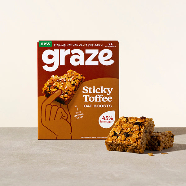 a branded package of 4 graze sticky toffee oat boosts