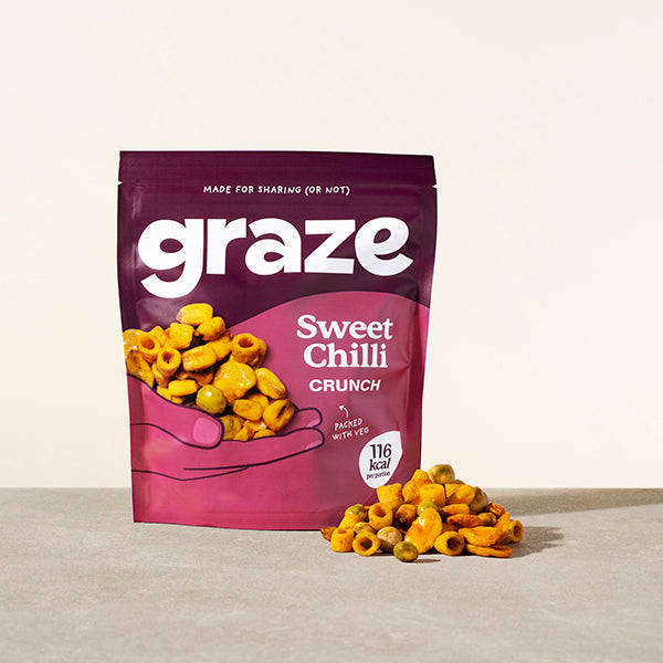 a sharing bag of graze sweet chilli crunch snack next to a small pile of the product