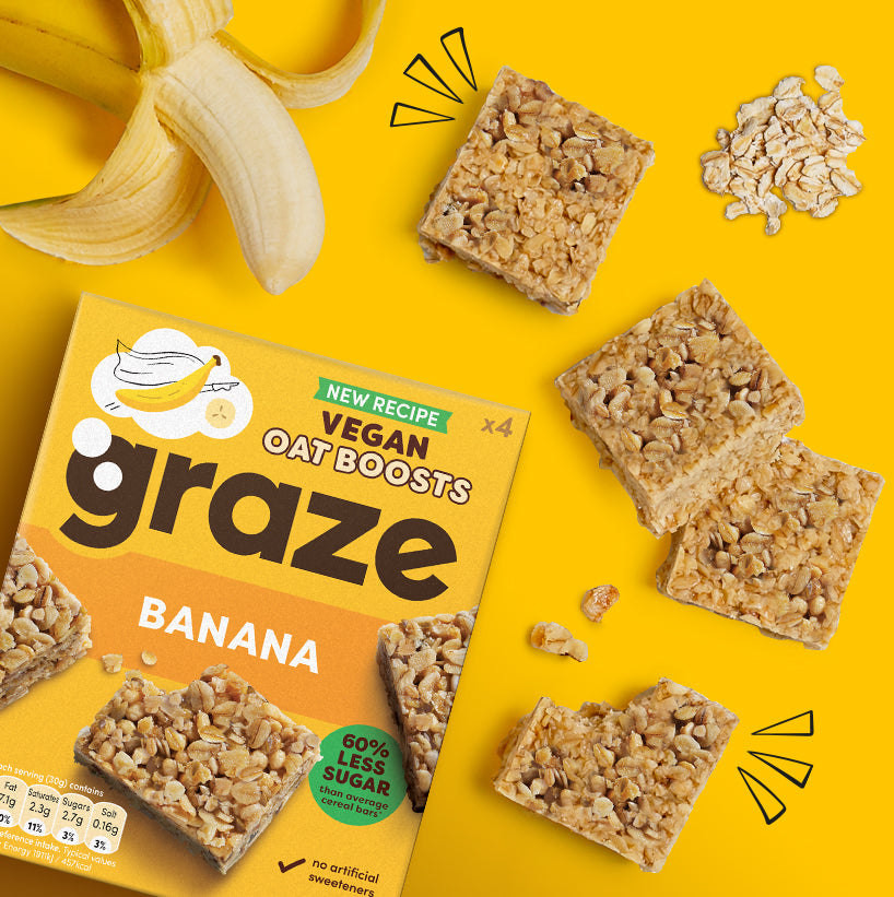 banana oat boosts pack with scattered oat boosts around it